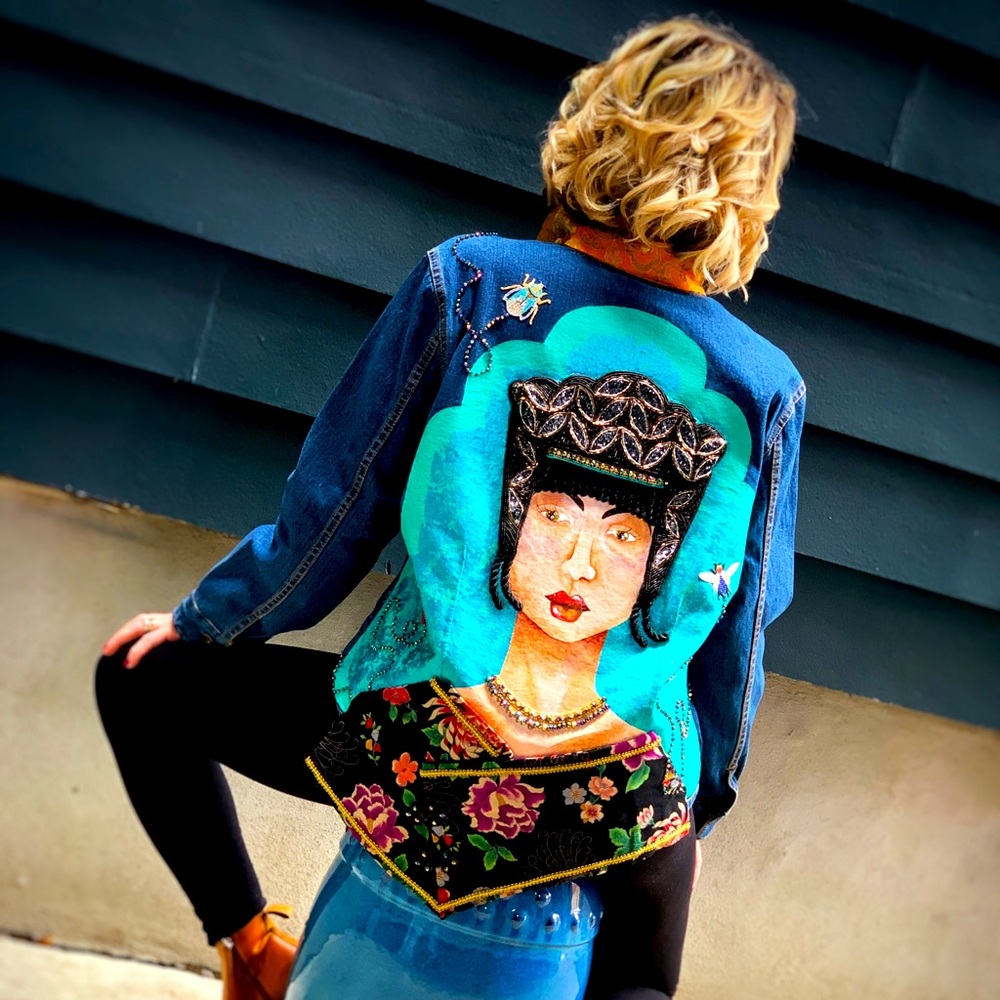 🎨 OOAK Hand Painted & Stitched Embellished Denim Jacket